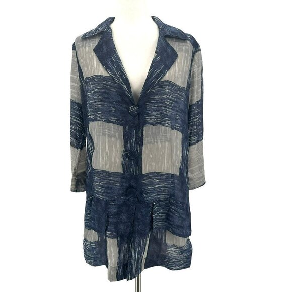 Lee Mathews Silk Oversized Check Blue Gray Sheer Button Jacket Womens 4-6 - Picture 1 of 10
